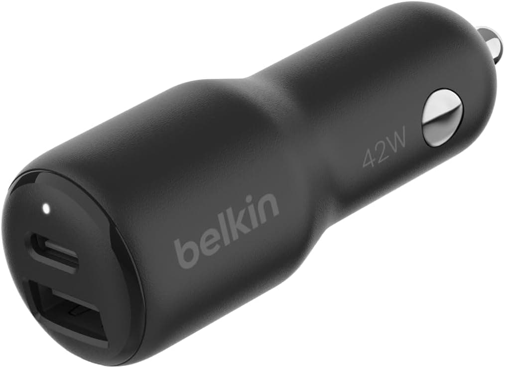 Belkin BoostCharge Doppio caricabatteria da auto da 42 W con ricarica rapida USB-C PPS da 30 W e porte USB-A da 12 W per iPhone 16,16 Pro,16 Plus,16 Pro Max,15,14,13, Samsung Galaxy S24 e altri, Nero
