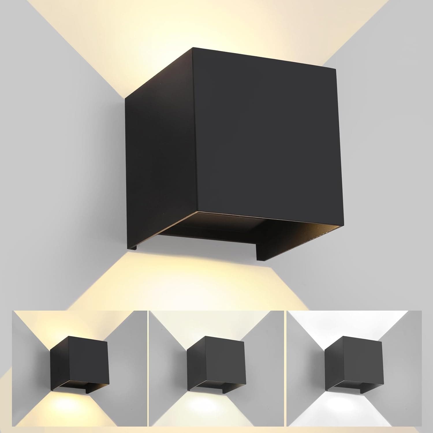 FUPE LED 15W Applique da Parete Interno/Esterno Regolabile 3 Colori 11CM Cubo IP65 Impermeabile Lampada da Esterno Parete Applique Esterni Muro Quadrata Angolo del Fascio Regolabile Moderne Nero