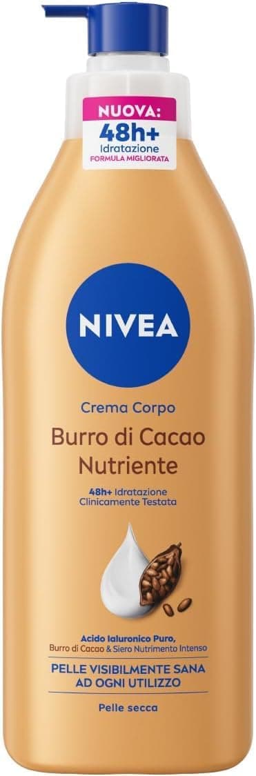 NIVEA Crema Corpo Burro di Cacao Nutriente 400 ml, Crema idratante corpo 48h+ arricchita con Acido Ialuronico Puro, Burro di Cacao e Siero Nutrimento Intenso, Body lotion per pelle secca o molto secca