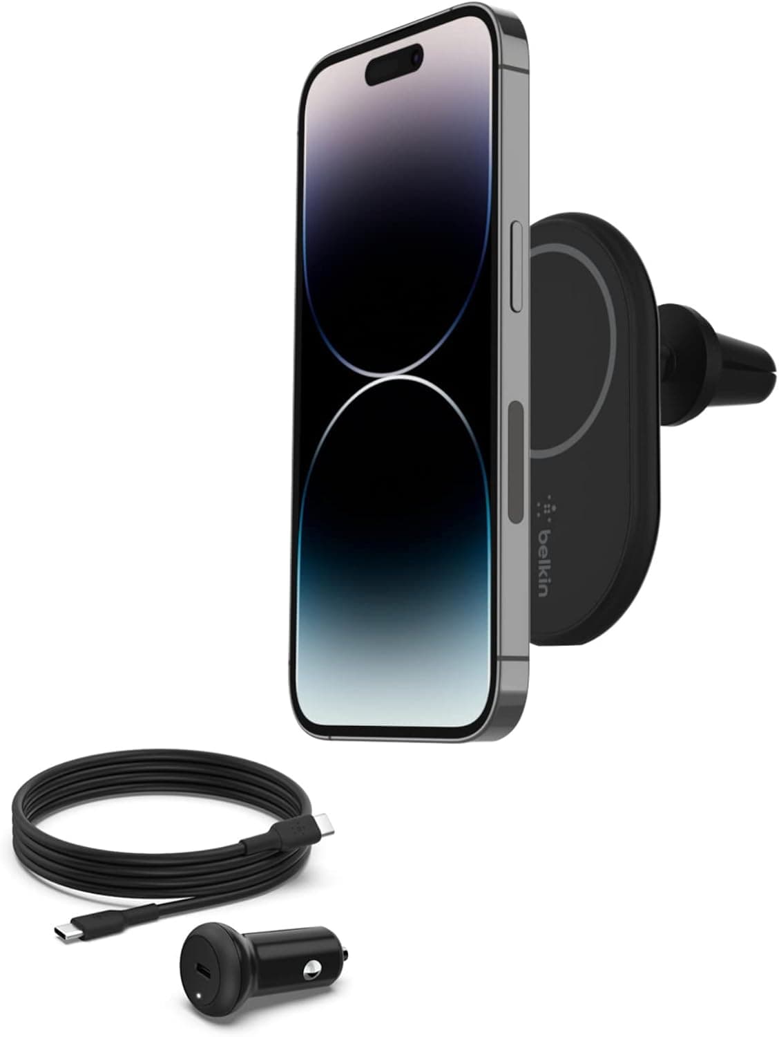 Belkin BoostCharge Supporto da auto magnetico per telefono, compatibile con MagSafe, iPhone 14/14 Plus, 13, 12, Pro, Max, mini, e altri (cavo e caricabatteria wireless inclusi)