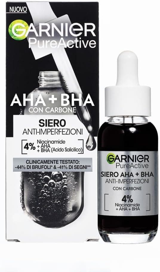 Garnier Siero Anti-imperfezioni, Per Pelle Grassa, Impura e Mista,Contrasta Punti Neri e Brufoli, Formula Vegana* con 4% [Niacinamide + AHA + BHA], Siero Pure Active AHA+BHA con Carbone, 30 ml