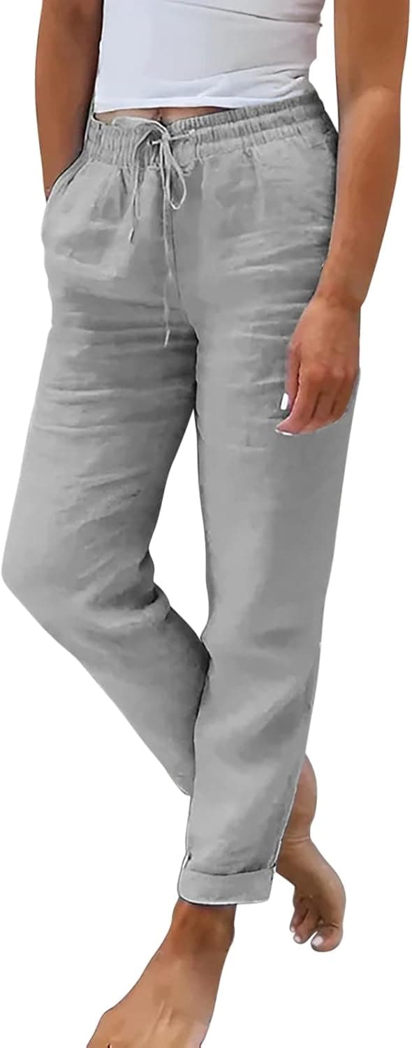 Pantaloni Donna Estivi Pantalone Lino Cotone Larghi Estivo 7/8 Tasche Gamba Coulisse Tinta Unita Eleganti Pants Pantalone Traspirante Pantaloni Palazzo Donna Estivi Abbigliamento Vita Alta Leggeri