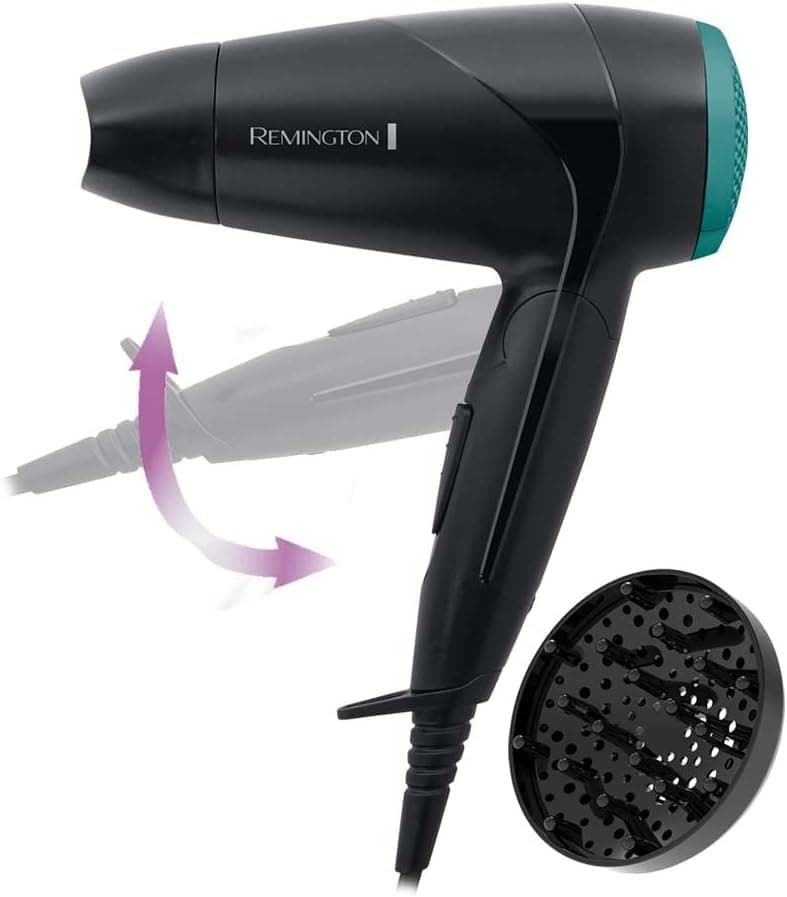 Remington Asciugacapelli 2000W - Pieghevole e Potente - Asciugacapelli da Viaggio, Bacchetta e Diffusore per styling, 2 livelli di riscaldamento e ventola, On The Go D1500