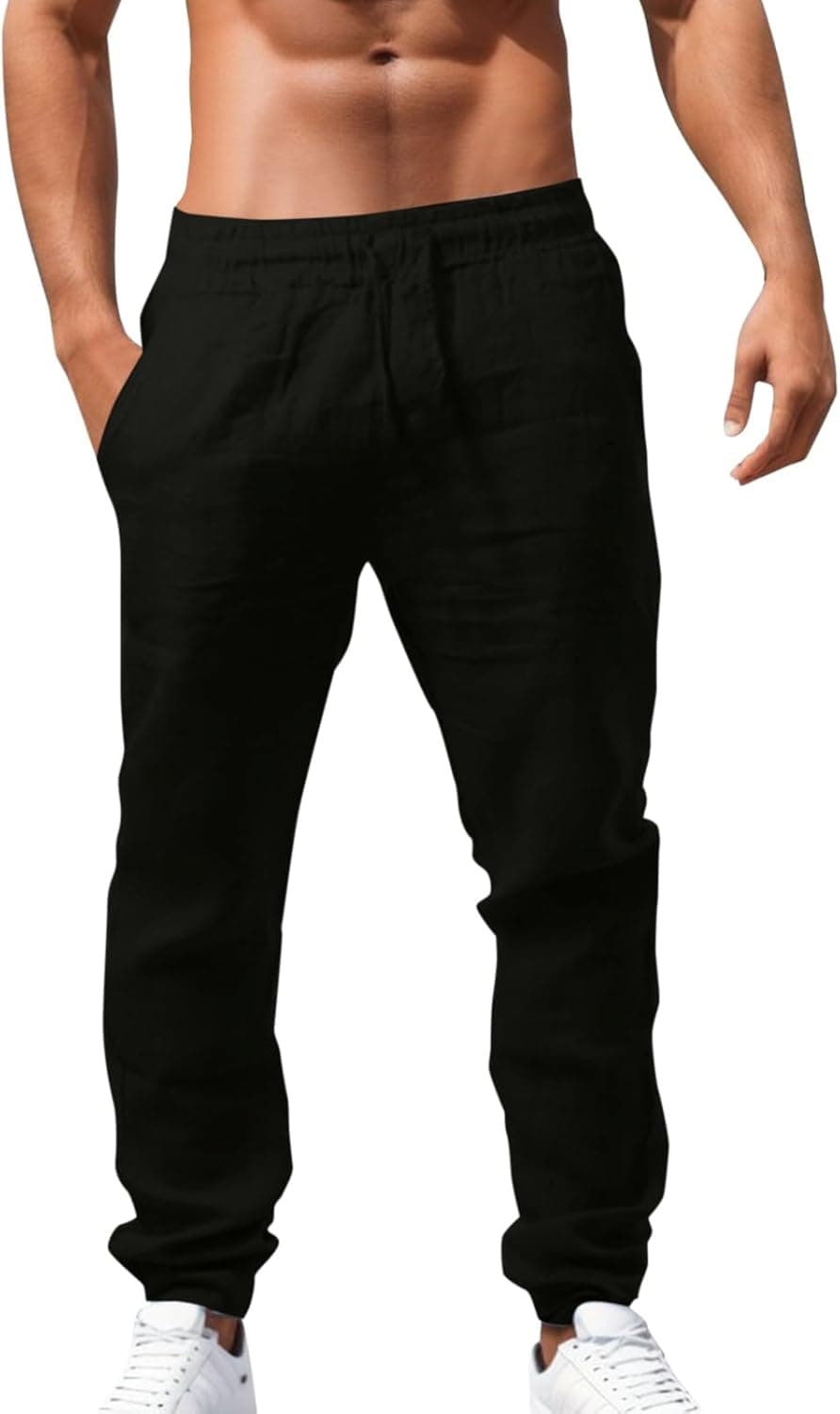 Pantaloni Uomo Lino Pantalone Trousers Traspirante Pantalaccio Larghi Fit Slim Vita Elastica Classico Cotone di Lavoro Palestra Estivi Baggy Casual,S-5XL