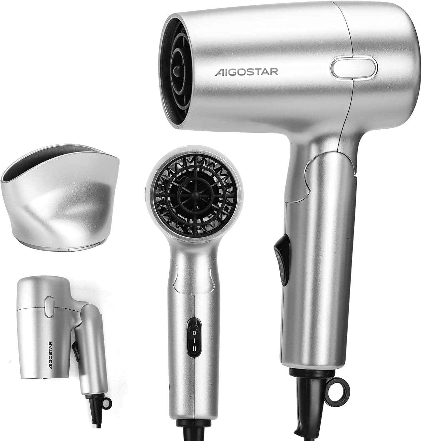 Aigostar Asciugacapelli da Viaggio 1200W Grigio Argento | Maniglia Pieghevole Ultra Leggero (310g) | Protezione Sovratemperatura + Ugello Concentratore | 220-240V per Viaggi Europei