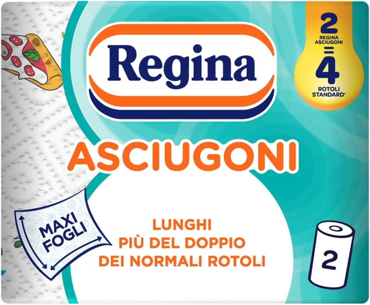 Regina Asciugoni Carta Cucina, Confezione da 2 Rotoli a 2 veli, 100 strappi per rotolo, Maxi fogli, Lunghi più del doppio dei normali rotoli, Carta 100% certificata FSC