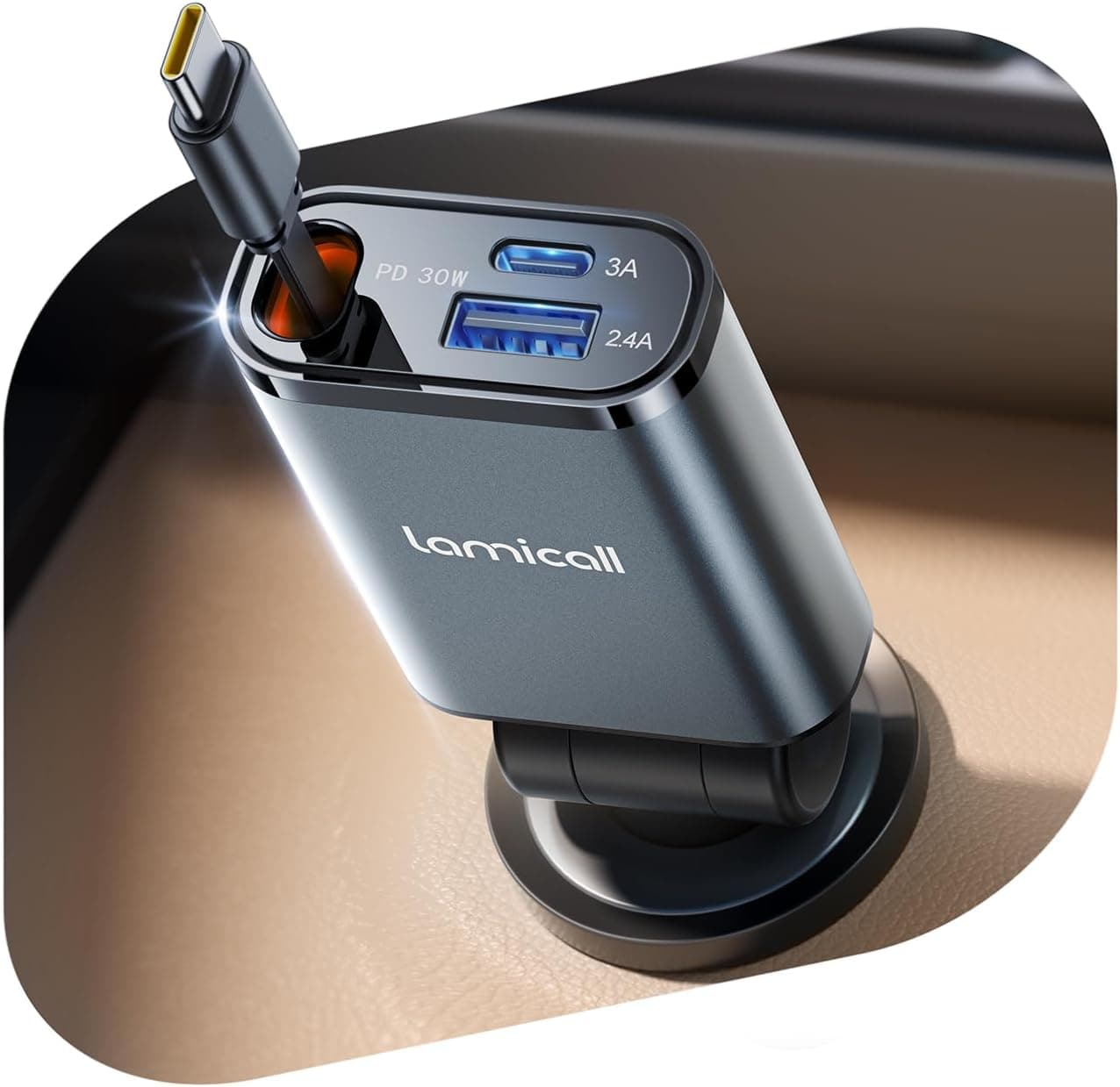 Lamicall 3-IN-1 Caricatore Auto USB C - [Super Compatto] 50W Carica Rapida, Accendisigari Auto con 75CM Cavo Retrattile Type-C & Porta USB-C/A, 180° Pieghevole Spina 12/24V, per iPhone/Samsung/Android