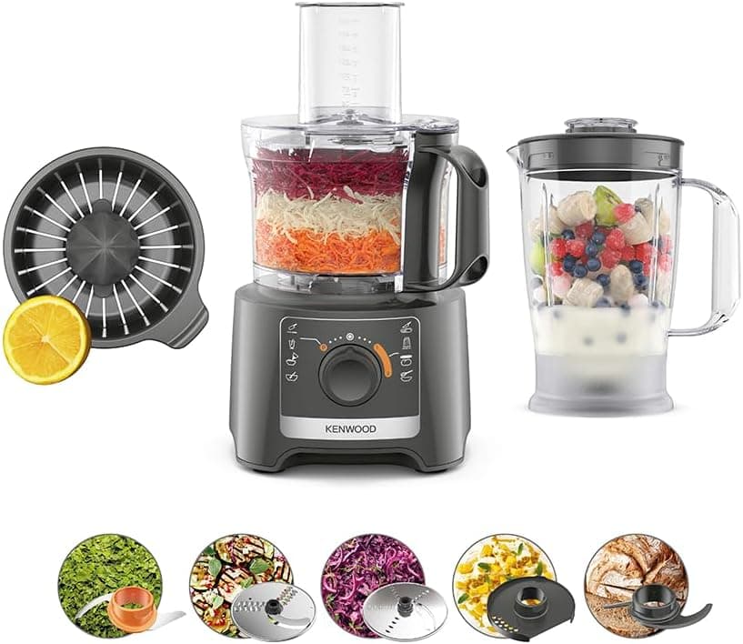 Kenwood MultiPro Compact FDP31.360GY, Robot da Cucina Multifunzione con Lama per Frullare, Disco per Impastare e Affettare, Spremiagrumi, Frullatore 1.2L, 2 Velocità+Pulse, Ciotola 2.1L, 800W, Grigio