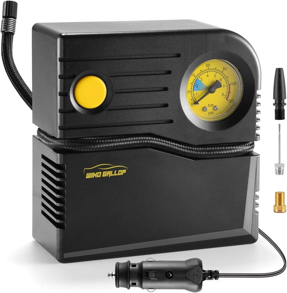 WindGallop Mini Compressore Aria Portatile Auto Compressore 12V Professionale Gonfiatore Analogico per Pneumatici per Auto Pompa Aria Auto con Manometro Pneumatici e Adattatori per Valvole (Giallo)