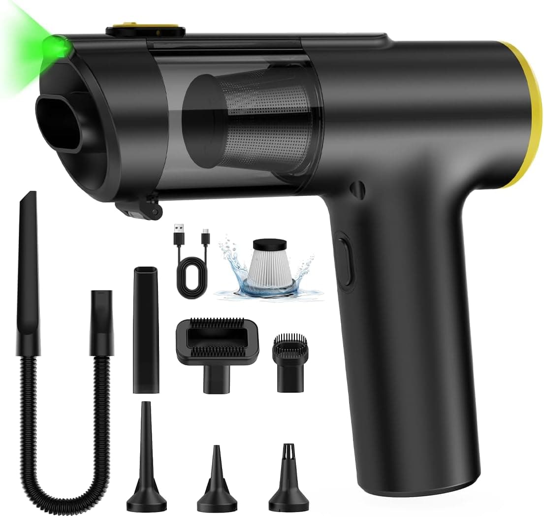 V5 Aspirabriciole Senza Fili 28000Pa 7 in 1, Aspirapolvere Auto Portatile con Aspirazione/Soffiaggio/Gonfiaggio, 60 Min Autonomia, Aspirapolvere per Auto, Casa, Ufficio e Peli di Animali