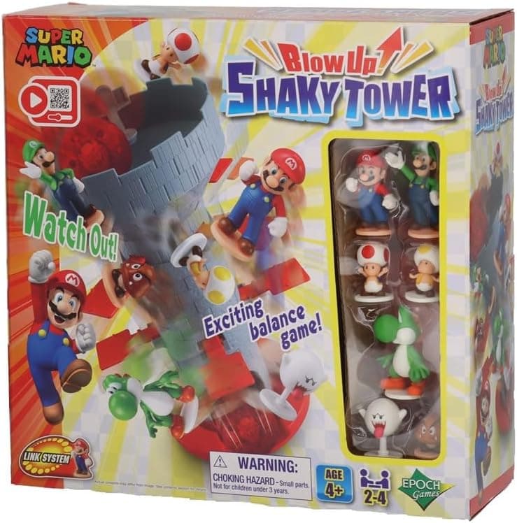 EPOCH Games - Super Mario - Blow Up Shaky Tower, Gioco di Abilità e Equilibrio con 7 Personaggi Mario Bros – Modello 7356