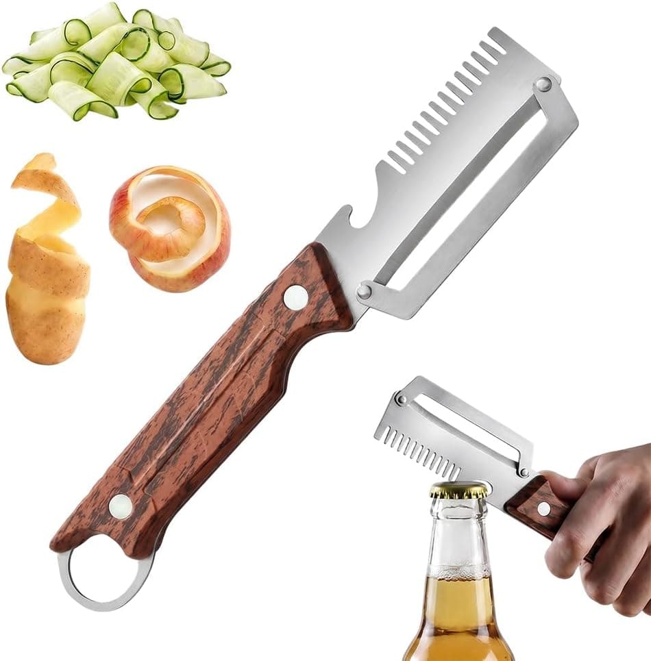Pelapatate Utensile Multifunzione, 2026 Nuovo Pela Patate Professionale, Pelapatate Acciaio Inox Con Manico in Legno E Apribottiglie per Verdura da Cucina e Frutta (1Pcs)