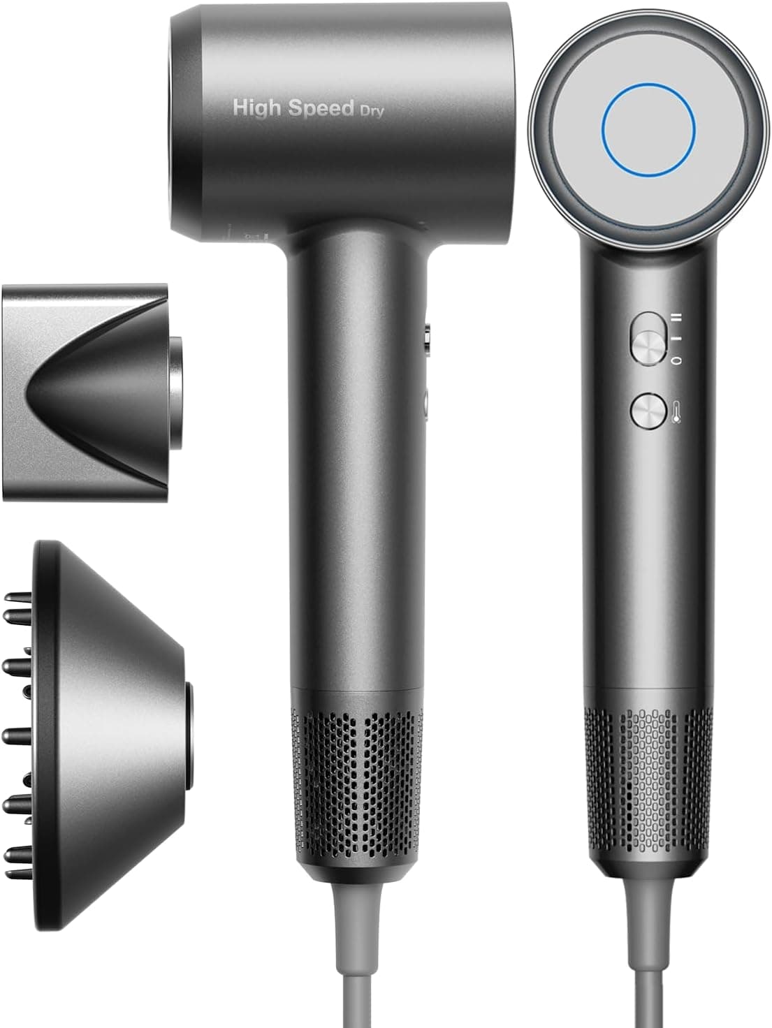Phon Capelli Professionale, Asciugacapelli Ionico 160.000 RPM, Ultraleggero 370g e Silenzioso, Asciugatura Rapida Anticrespo, con Diffusore, Mini Phon da Viaggio e Idea Regalo Grigio