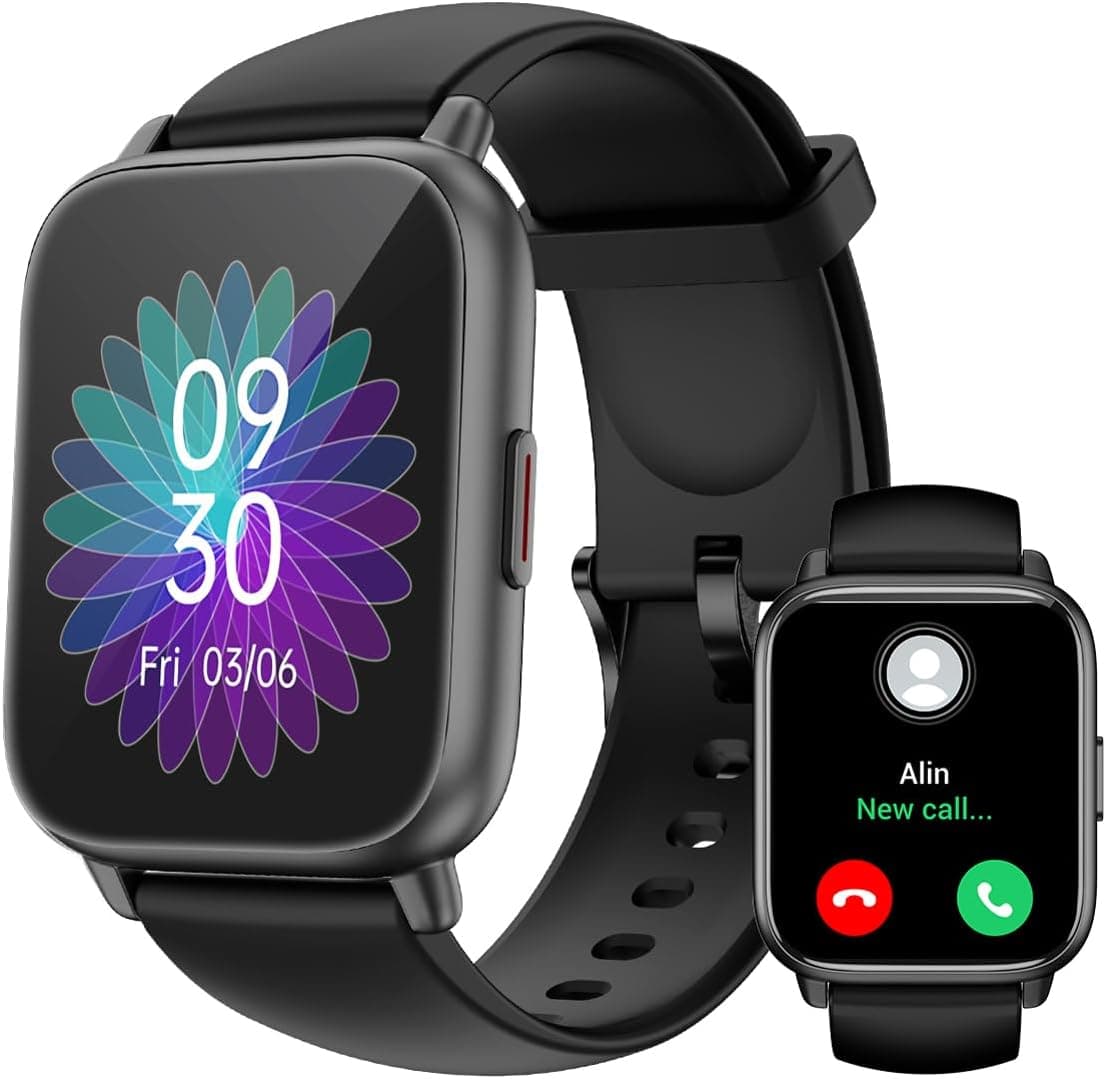 RUIMEN Smartwatch Uomo Donna Chiamate Bluetooth Orologio Contapassi Android iOS Compatibile Fitness Watch Sportive Cardiofrequenzimetro da polso Saturimetro Impermeabile IP68 Notifiche Whatsapp Nero
