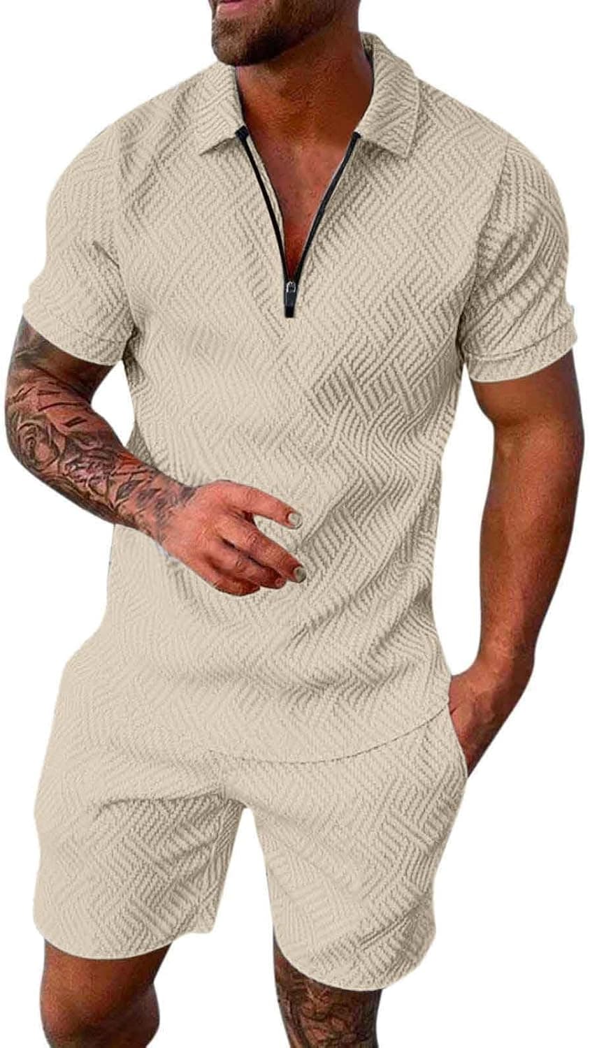 Tuta Uomo Sportiva Maniche Corte Cerniera T-Shirt e Pantaloncini Estiva 2 Pezzi Set Completo Completa Cotone Leggero Tute Due Maglietta E Complete
