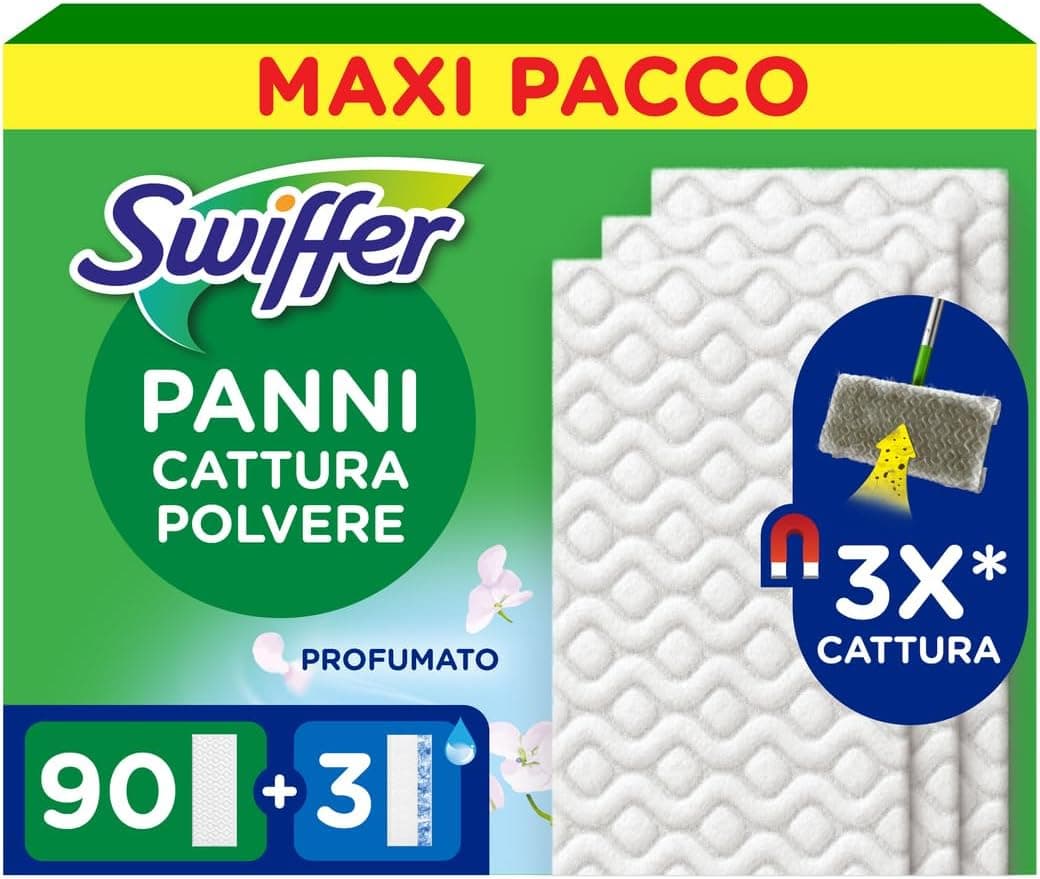 Swiffer Panni Catturapolvere, 90 Microfibra Dry e 3 Lavapavimenti, Cattura Polvere e Sporco, Ottimo per Tutti i Tipi di Pavimenti e per i Peli di Animali, Maxi Formato