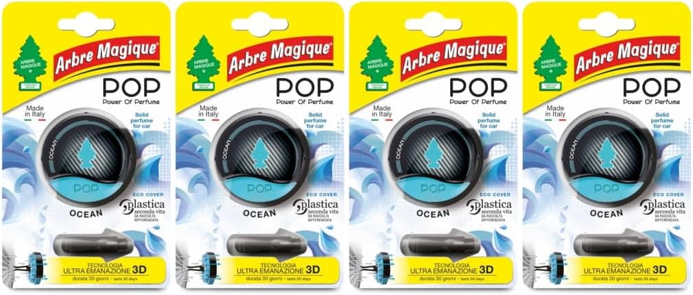 Arbre Magique POP, Profumatore Auto Solido, Fragranza Ocean, Profumazione Delicata e Fresca, Durata Fino a 30 Giorni, Design Italiano, Confezione da 4 Pezzi
