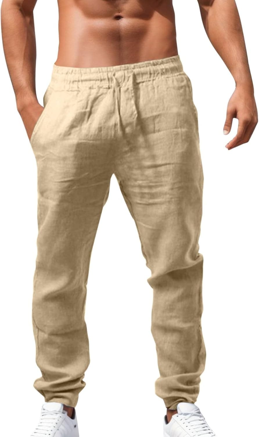 Pantaloni Lino Uomo Estivi Casual Leggeri Larghi Sportivi Pantalon Elastico in Vita Comodi da Spiaggia con Tasche Pantaloncini Loose Fit Pants Comodo Morbide Pantaloncino