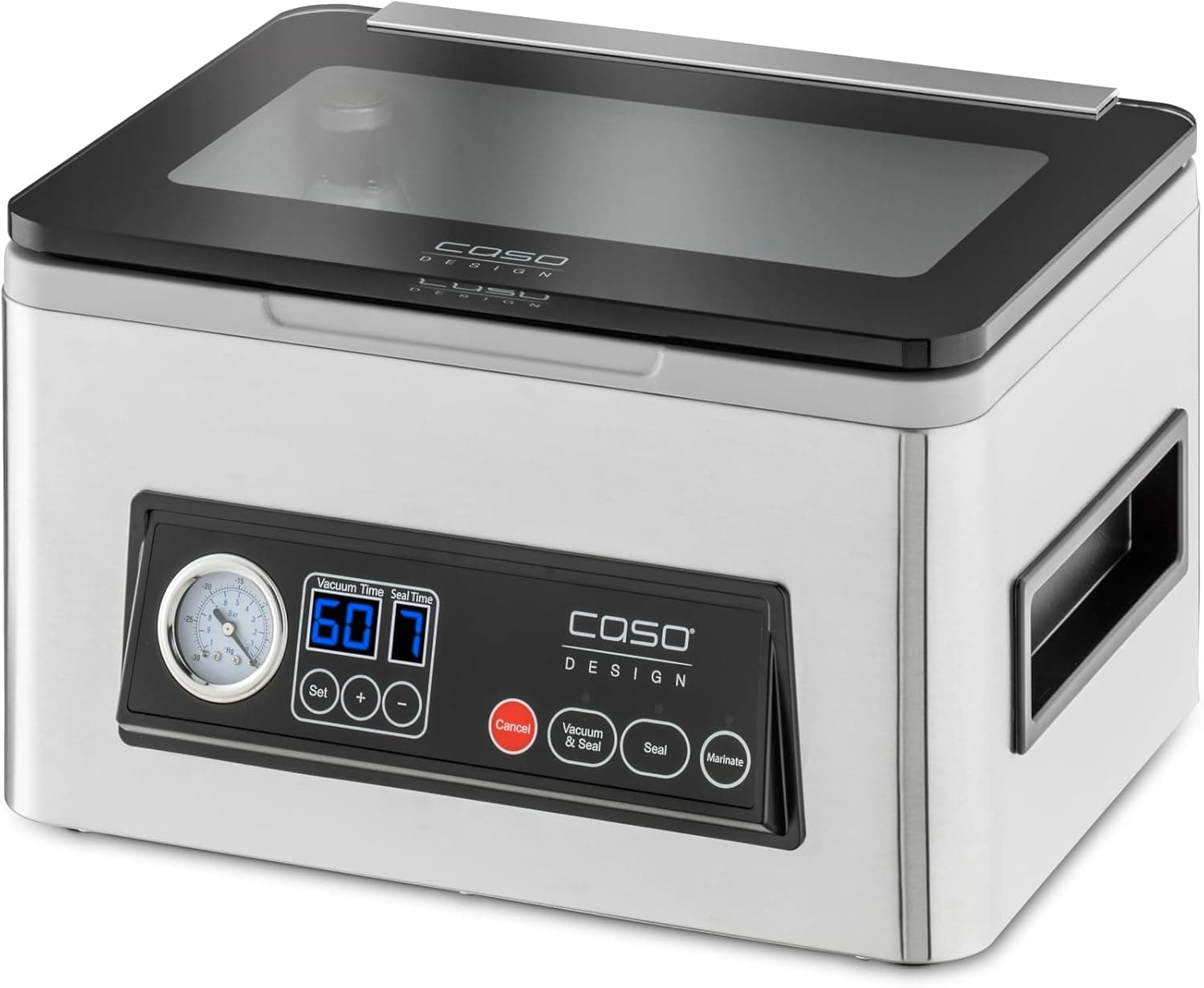 CASO VacuChef 50 - Macchina sottovuoto professionale compatta a camera per alimenti, con manometro, aspirazione potente da 70 L/min, Doppia saldatura, capacità di 4 litri – acciaio inox