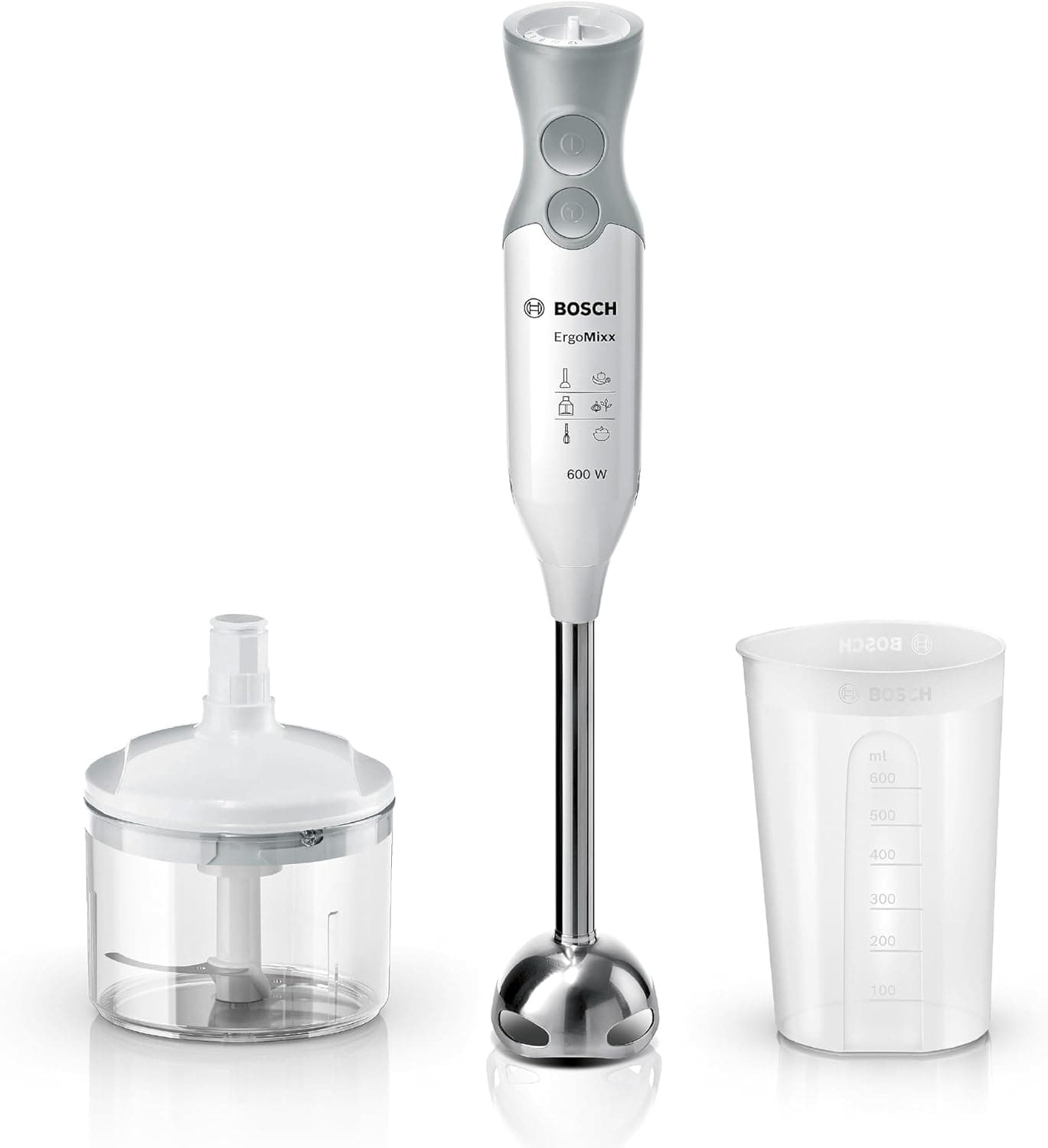 Bosch Frullatore a Immersione MSM66120, 600W, Impugnatura Ergonomica, Piede in Acciaio Inox, Lama a 4 ali Acciaio Inox, Velocità Variabile, Accessorio Tritatutto Incluso, Bicchiere Graduato, Bianco
