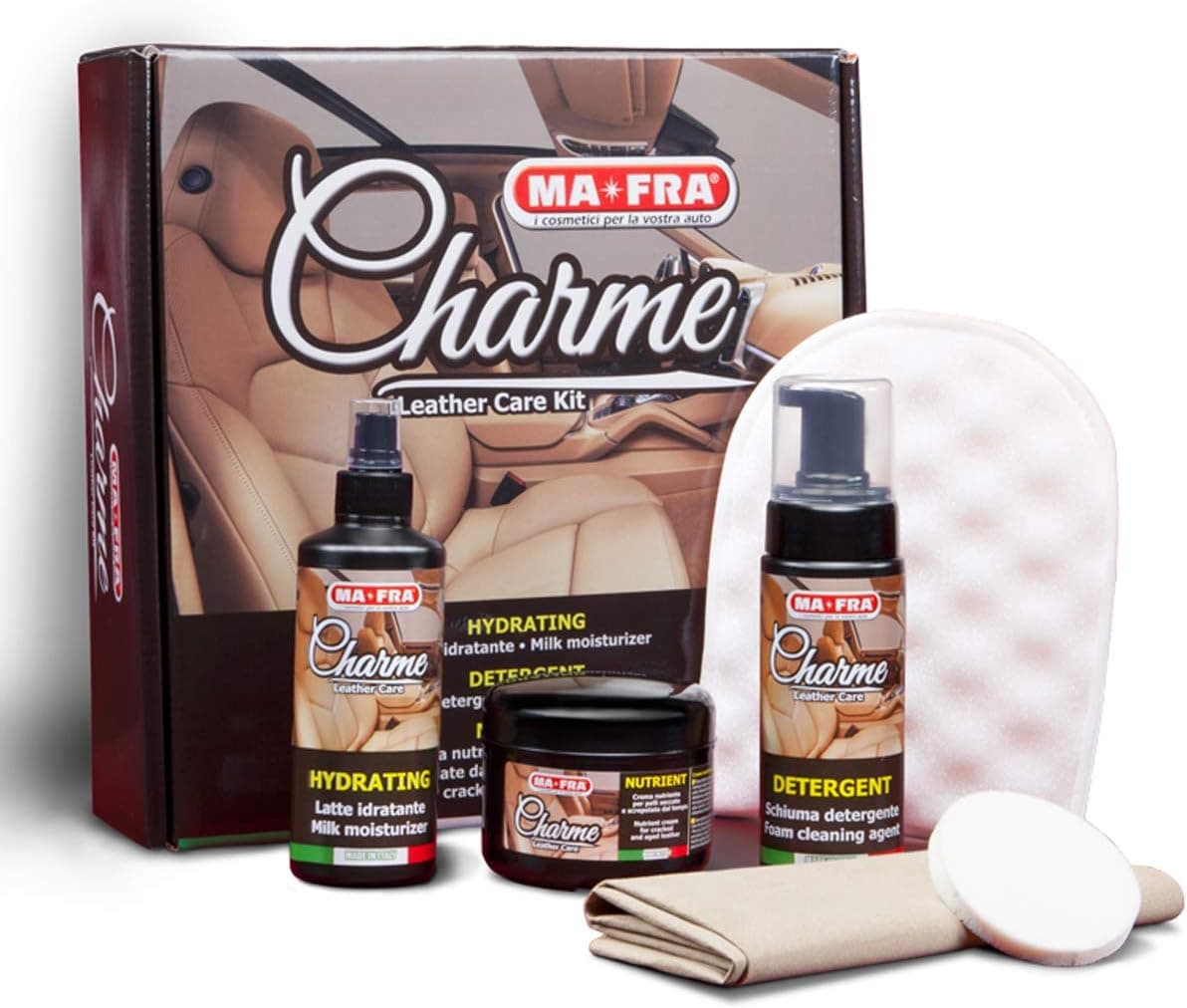 Ma-Fra, Charme, Kit per la Pulizia di Sedili e Cruscotti dell'Auto, Deterge, Nutre e Rende Elastica la Pelle, Adatto Anche per Uso Domestico e Tessuti in Ecopelle