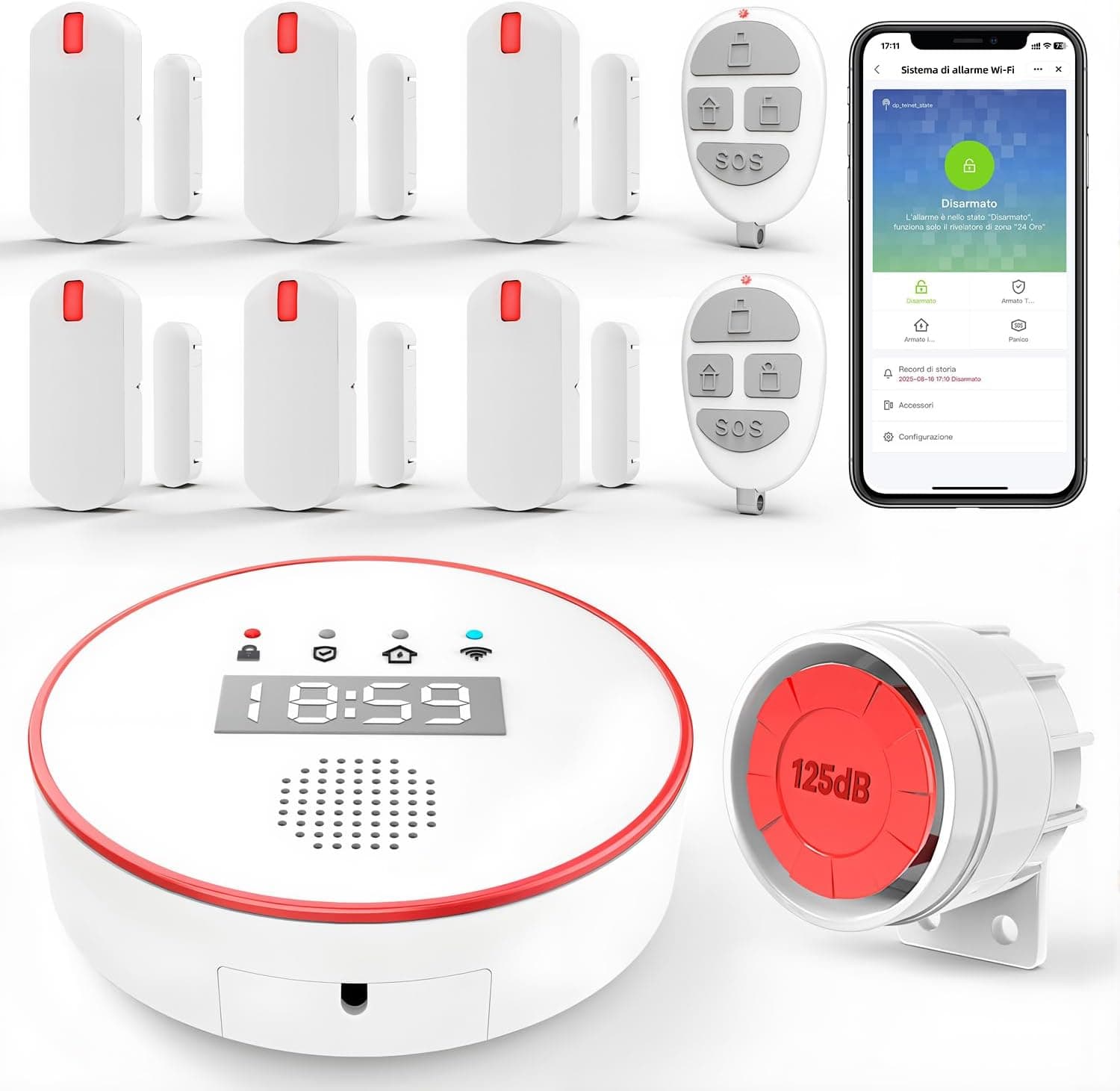 YISEELE Allarme Casa Senza Fili: Antifurto casa con connettività 5 GHz Wi-Fi e App salvavita anziani - Incluso Sirena 125DB - 6 Sensori Porta/Finestra - 2 Telecomandi - Hub - Compatibile Alex & Google