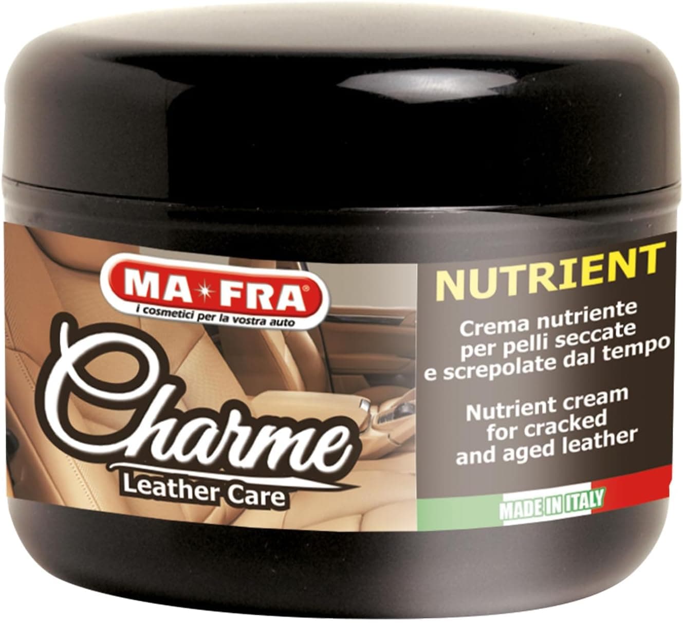 MAFRA, Charme Nutrient, Crema Nutriente e Detergente per Interni Auto in Pelle, Ideale per Pulizia, Riduce Grinze e Decoloramento, Effetto Anti-Invecchiamento, Confezione da 150 ml