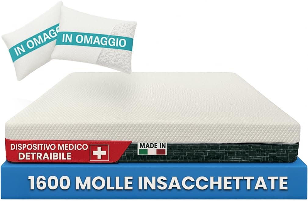 Francegaglia® Materasso matrimoniale 1600 Molle Insacchettate & Memory con Fascia 3D Traspirante + 2 Cuscino in Fiocco di Memory - Altezza 25cm - Dispositivo Medico Detraibile 160x190