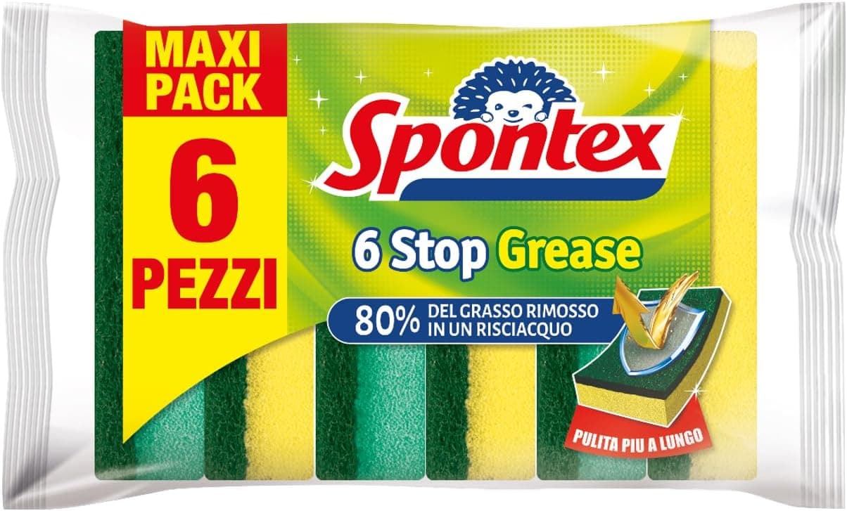 Spontex 6 Stop Grease, Spugna Abrasiva in formato convenienza, Dotata di Tecnologia Stop Grease sulla Fibra, Formato da 6