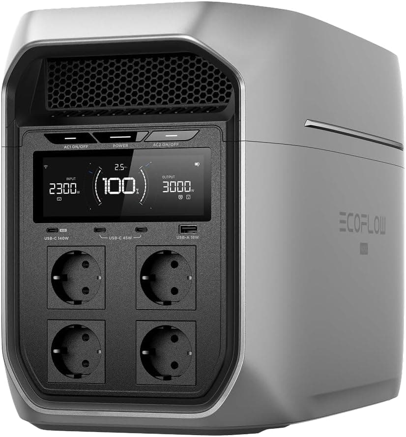Power station portatile EF ECOFLOW DELTA 3 Max Plus, 2.048 Wh (espandibile fino a 10 kWh), LiFePO₄, uscita CA 3.000 W, ricarica 0–80% in 47 min, UPS 10 ms, generatore solare per casa e campeggio