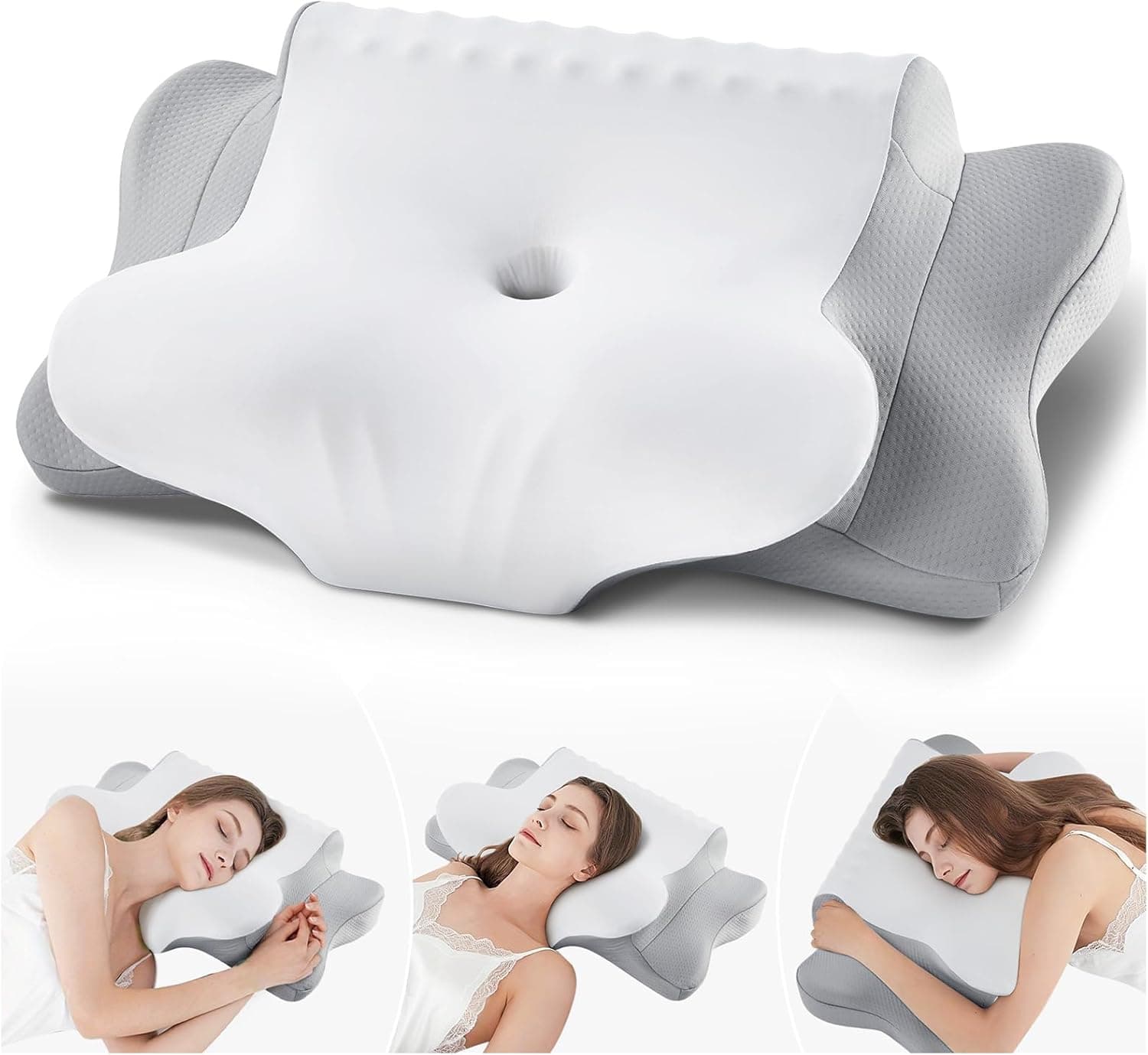 KOOTETA Cuscino Cervicale Memory Foam, Cuscino Ortopedico per Dormire con Supporto per Collo e Spalle, Doppia Altezza 10/13 cm, Federa Traspirante Sfoderabile Lavabile, 64x39 cm, Grigio Chiaro