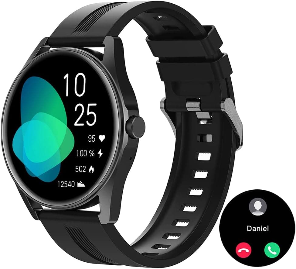 HUAKUA Smartwatch Uomo Chiamate e WhatsApp Rotondo Orologio Smart Watch Fitness con Risposta Chiamate Bluetooth Contapassi da polso Cardiofrequenzimetro Saturimetro Impermeabile per Andorid iOS Nero
