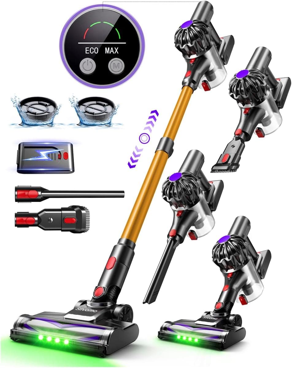 S16 Aspirapolvere Senza Fili, 50kPa/600W/45min, Batteria Rimovibile, Scopa Elettrica Leggero con Luce LED Verde, Autoportante, per Peli Di Animali/Pavimenti Duri, Arancione