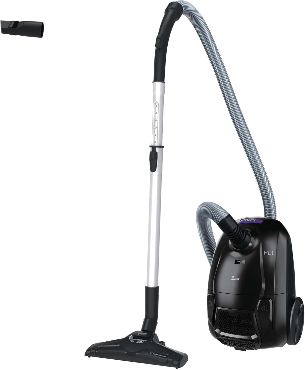 Hoover HE1 Aspirapolvere a traino con sacco compatto e potente per pavimenti duri e tappeti, Filtro per la polvere EPA, Capacità del sacco 2,5L, Accessori integrati, Raggio d'azione 7,5m [HEZ107HM]