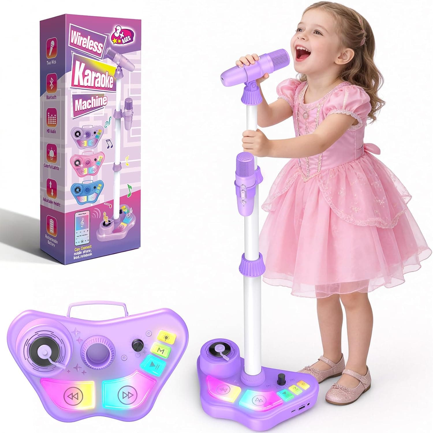 Dislocati Microfono per Bambini con Supporto Regolabile, 2 Microfoni con Luci LED, Altoparlante Portatile con Luci Sfarfallanti, Giocattolo Musicale per Bambina Bambino 3+ Anni (Viola)