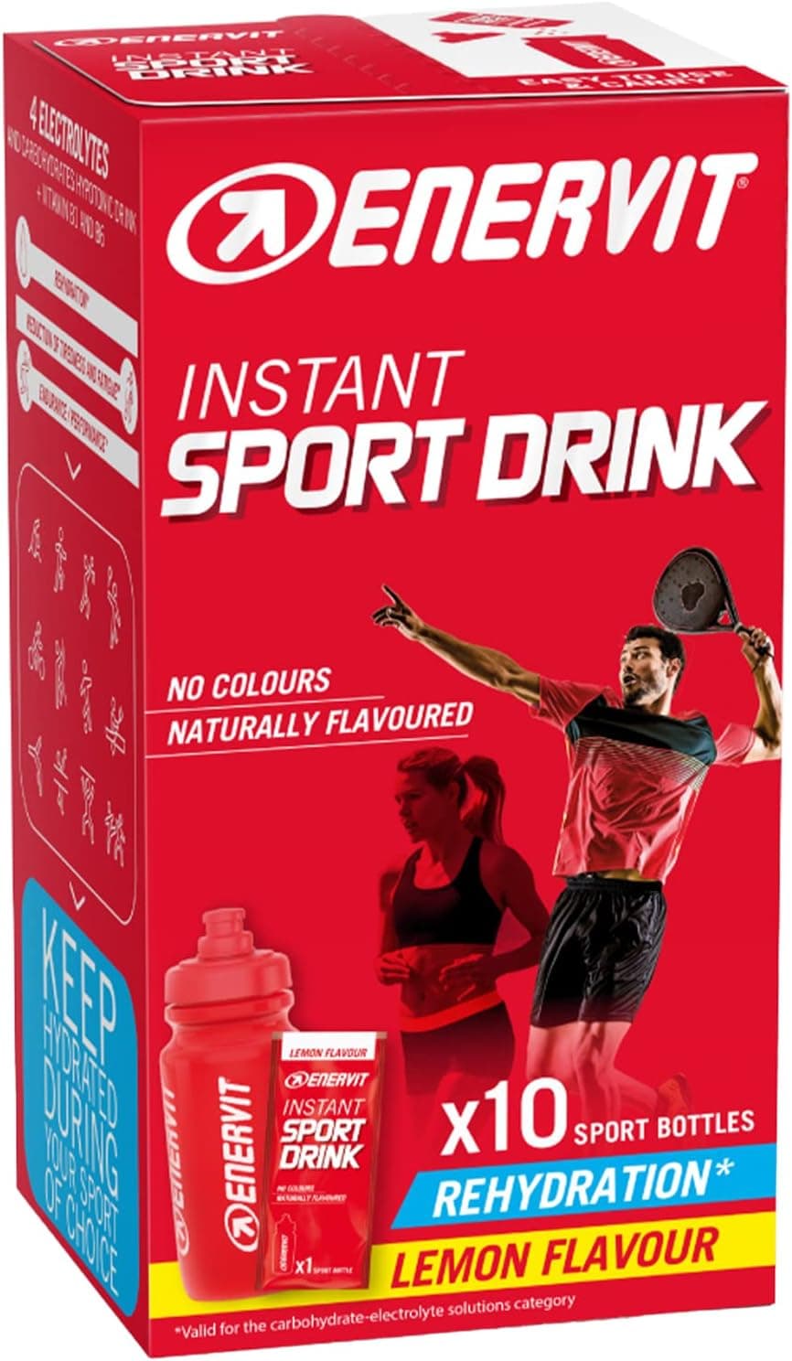 Enervit, Instant Sport Drink, a Base di Sali Minerali e Carboidrati, Gusto Limone, Contro Stanchezza e Affaticamento, Senza Coloranti, Indicato per Sport Indoor, Padel e Tennis, Vegan, 10 Buste da 16g