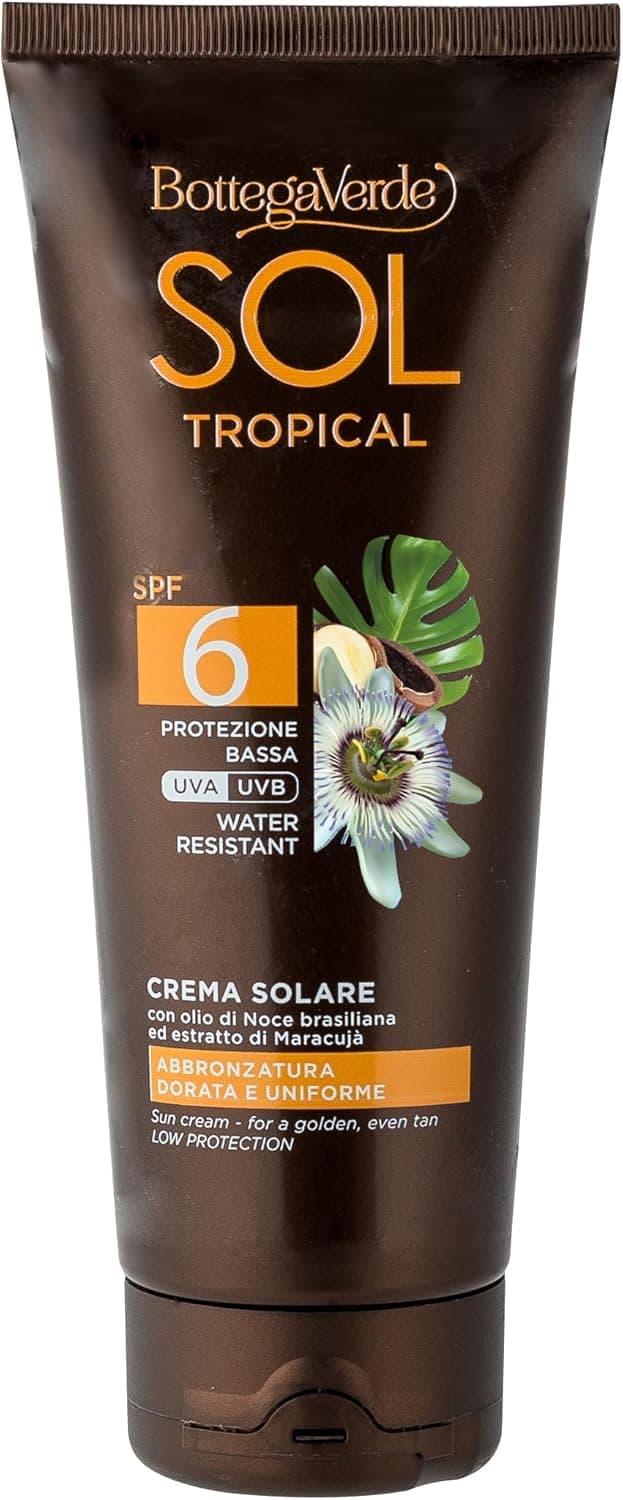 Bottega Verde - SOL Tropical, Crema Solare Corpo, 200 ml, SPF 6, Idratante e Profumata, Arricchita con Olio di Noce Brasiliana ed Estratto di Maracujà, Protezione Bassa, Ideale per Fototipo 5 e 6