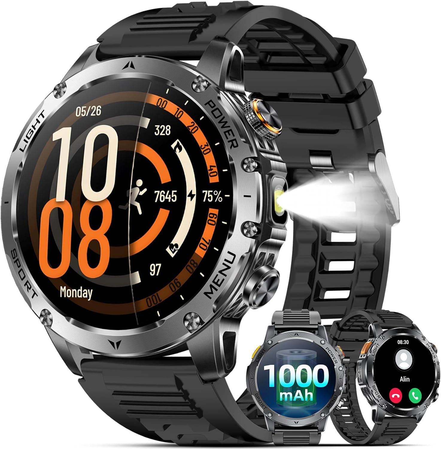 Smartwatch Uomo, Orologio Intelligente, 1000mAh/1.7'' Militari Smart Watch con Chiamate Bluetooth, 100+ Modalità Sportive, per Cardiofrequenzimetro,SpO2 per Android iOS (Nero)