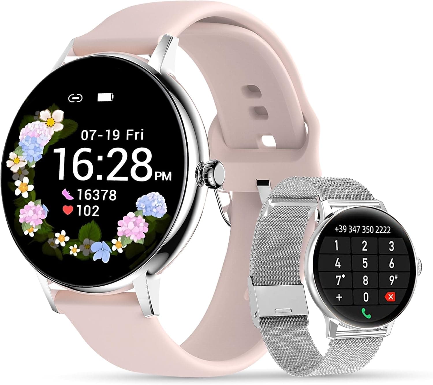 LSCALL Smartwatch donna Chiamata e Risposta, notifiche, messaggi, contapassi, assistente vocale, Orlogio con 2 cinturini, Cardiofrequenzimetro, SpO2,Fitness Sonno per Android iOS 1.7"