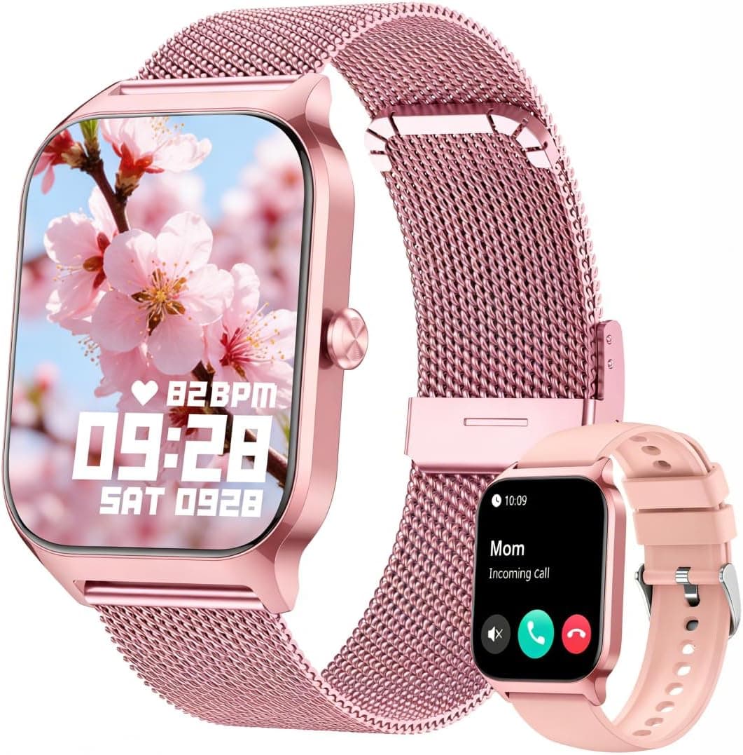 Popglory Smartwatch Uomo Donna, 1.85" Orologio Chiamate, Assistente AI, 100+ modalità Sportive Fitness Watch, Frequenza Cardiaca/SpO2/Pressione Sanguigna/Sonno/Stress, Regalo Android iOS (2 Cinturini)