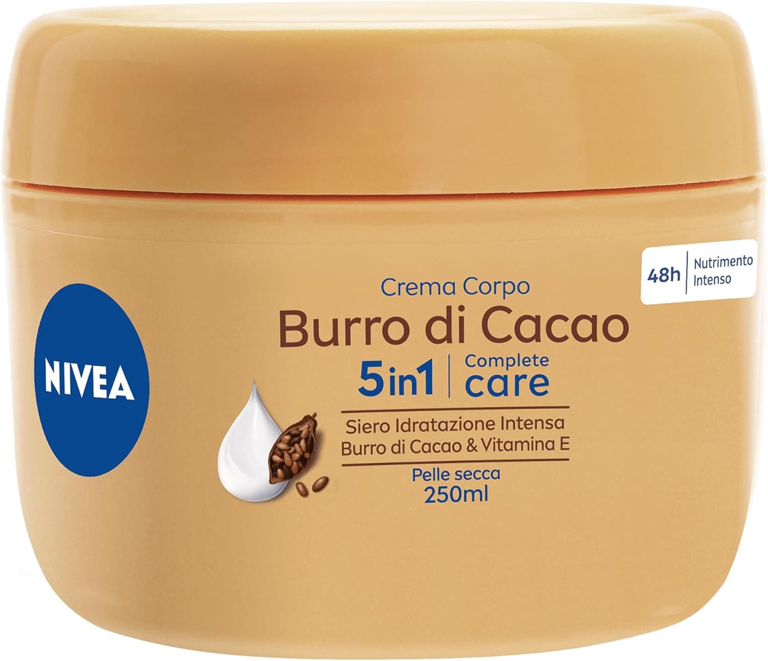 NIVEA Crema Corpo Burro di Cacao 250ml, Crema corpo idratante 48 ore per pelle secca arricchita con Siero Idratazione Intensa, Burro di Cacao & Vitamina E