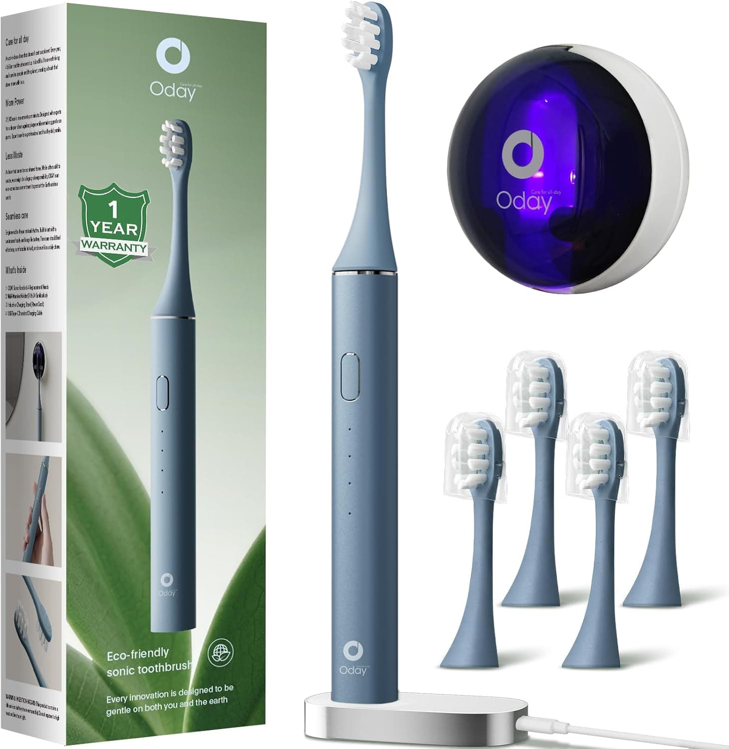 ODAY Sonic Electric Toothbrush for Adults with Wall Mounted Toothbrush Sanitizer Holder and 4 Brush Heads, Smart Timer, Wireless Charging, IPX7 Waterproof, 1 Month+ Battery, Blue