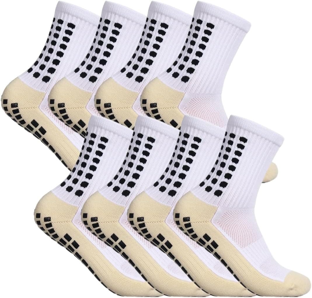 4 Paia Calzini Calcio Antiscivolo Anti Vesciche in Cotone Traspirante - Grip Sportivi per Uomo Donna 37-45 - per Ciclismo Trekking (Bianco)