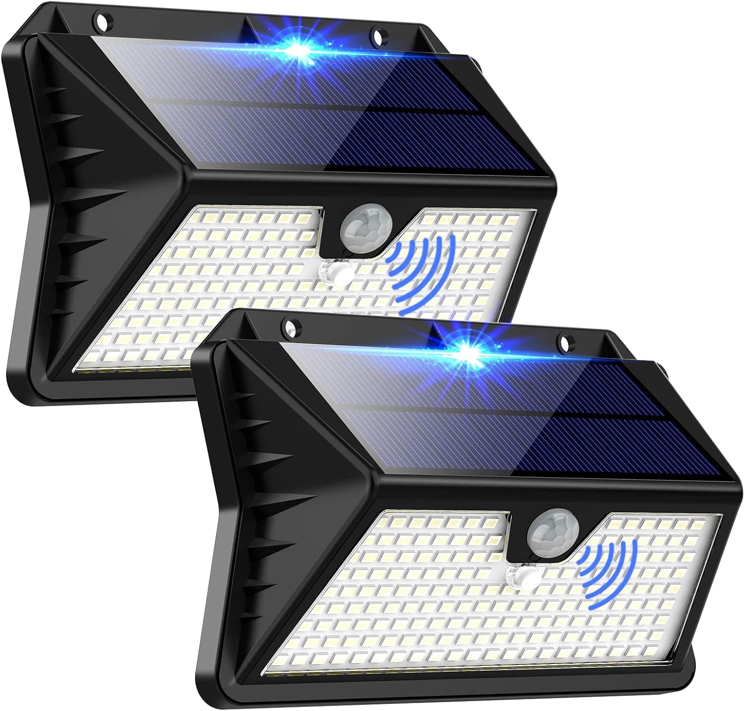 Luce Solare LED Esterno, Faretto LED da Esterno con Sensore di Movimento, 185 LED/ 3 Modos Lampada Solare da Esterno, IP65 Impermeabile LED Lampione per Giardino, Parete, Garage(2 Pezzi Bianco Freddo)
