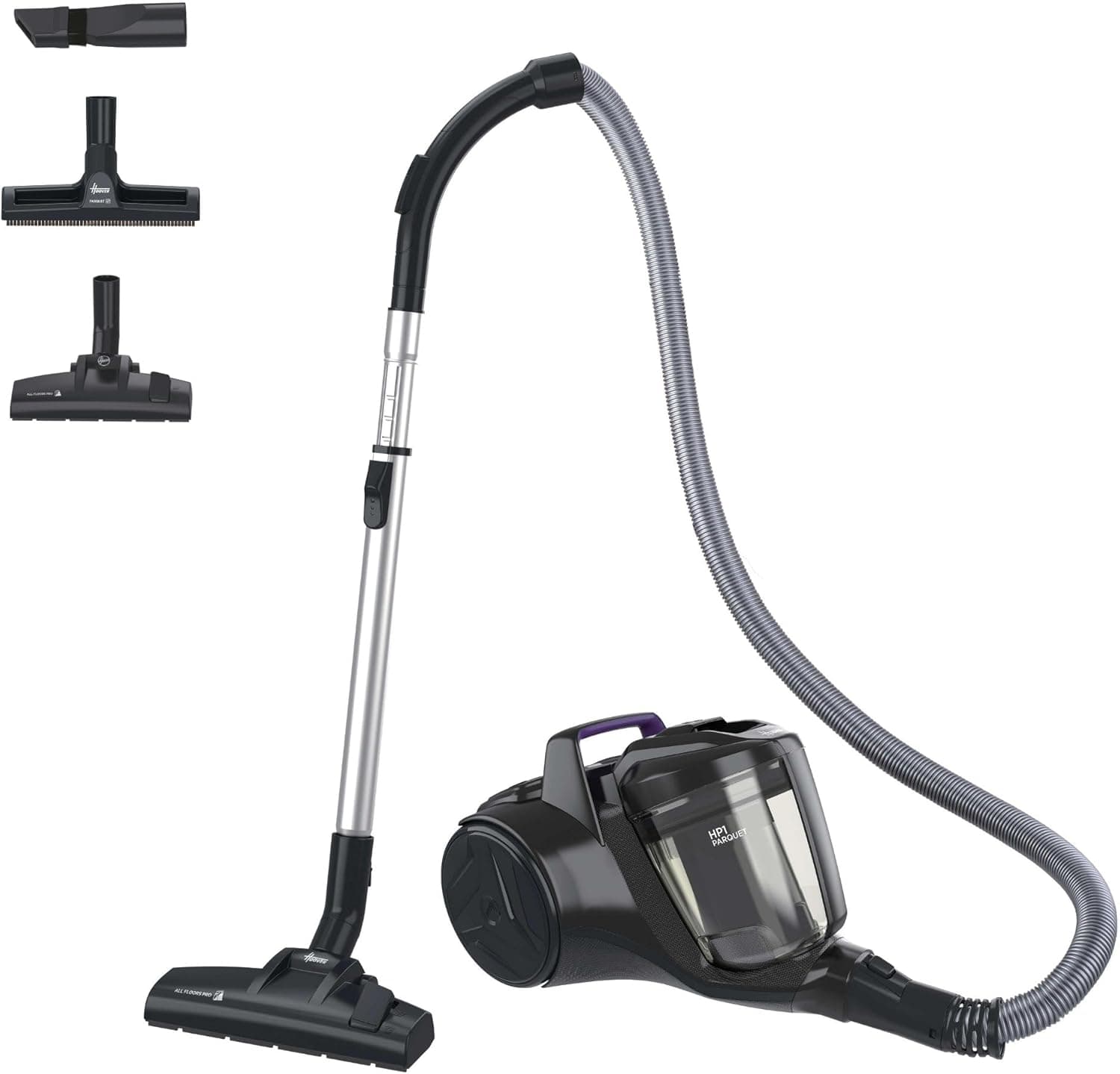 Hoover Aspirapolvere a traino senza sacco potente e compatto HP1 per tappeti, pavimenti duri e delicati, Leggero e con filo, Contenitore 2L, Spazzola Parquet, Raggio d'azione 7,5 m [HPZ107HM]