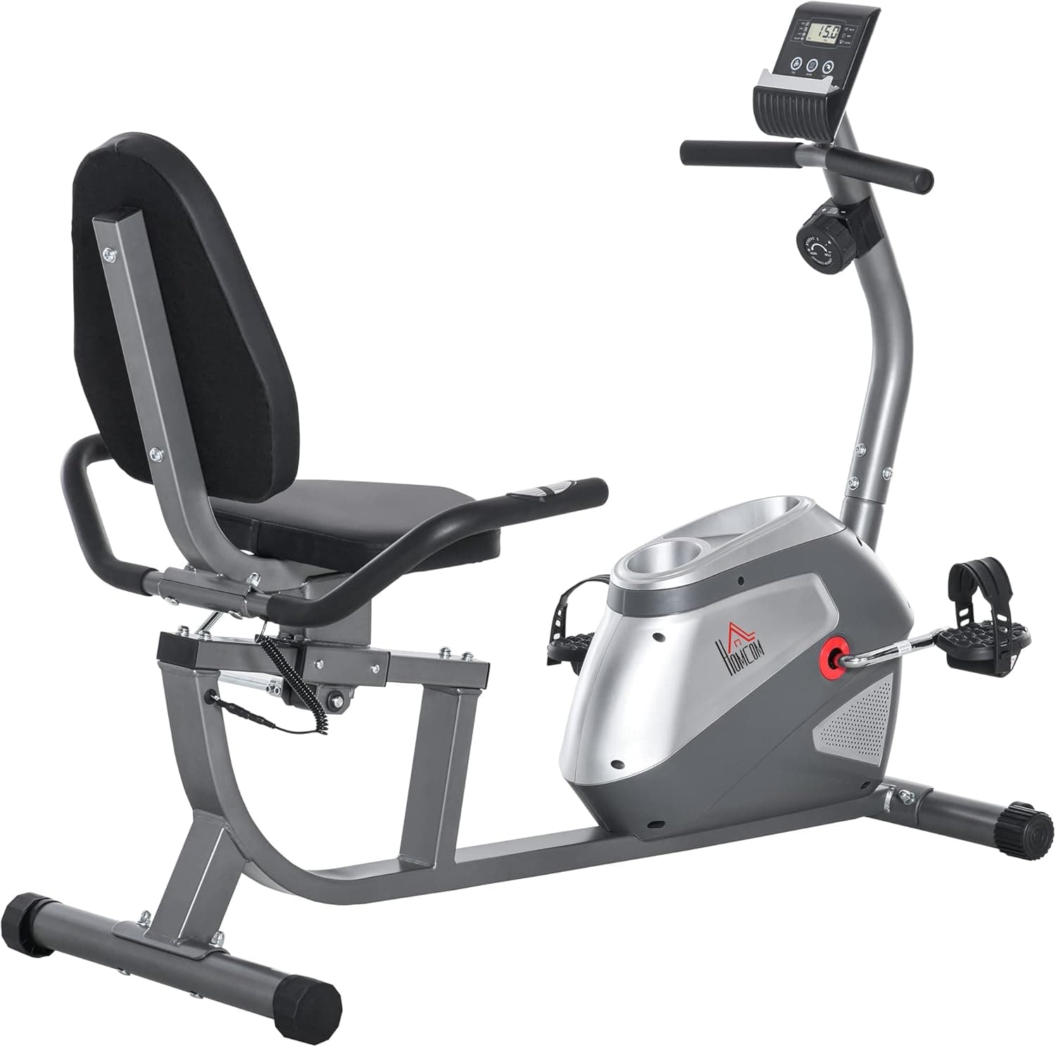 HOMCOM Cyclette da Casa con 8 Livelli di Resistenza, Cyclette Orizzontale Recumbent con Ruote, Monitor LCD e Seduta Regolabile, in Acciaio e ABS, per Home Gym Casa, 122-137x62x103cm