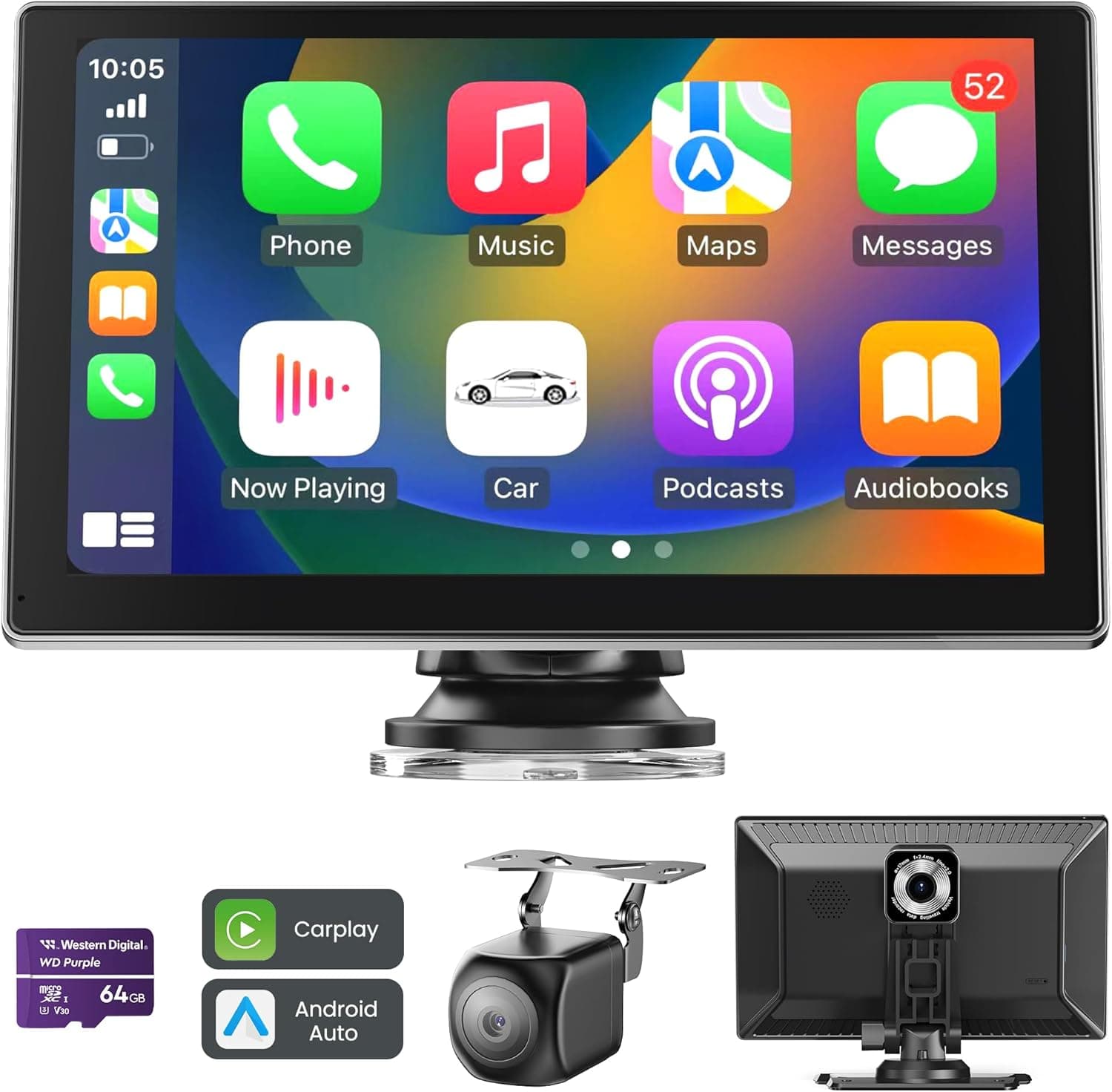 Carplay Auto, 9'' Schermo per Auto, Supporto CarPlay e Android Auto, Dash Cam 4K Integrata e Telecamera Posteriore 1080P, Navigazione GPS/Bluetooth 5.0/Controllo Vocale/Mirror Link/FM, SD 64GB Inclusa
