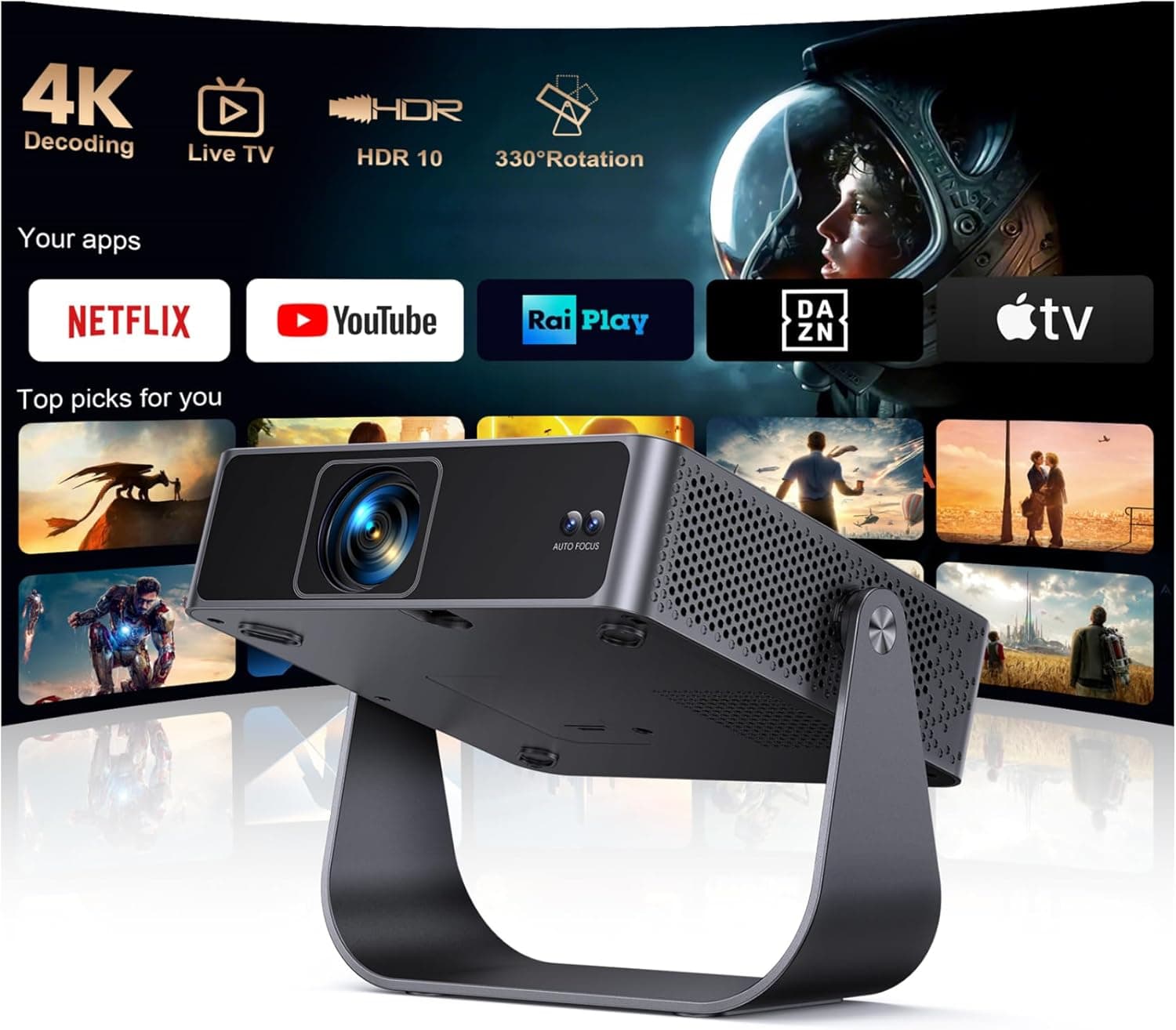 Proiettore Portatile【Smart TV & 1000+ Canali Live】Mini Proiettore 4K Smart TV Compatibile con Netflix, Rotazione 330°, Auto Focus WiFi Bluetooth, 1080P Nativo, Videoproiettore soffitto casa/campeggio