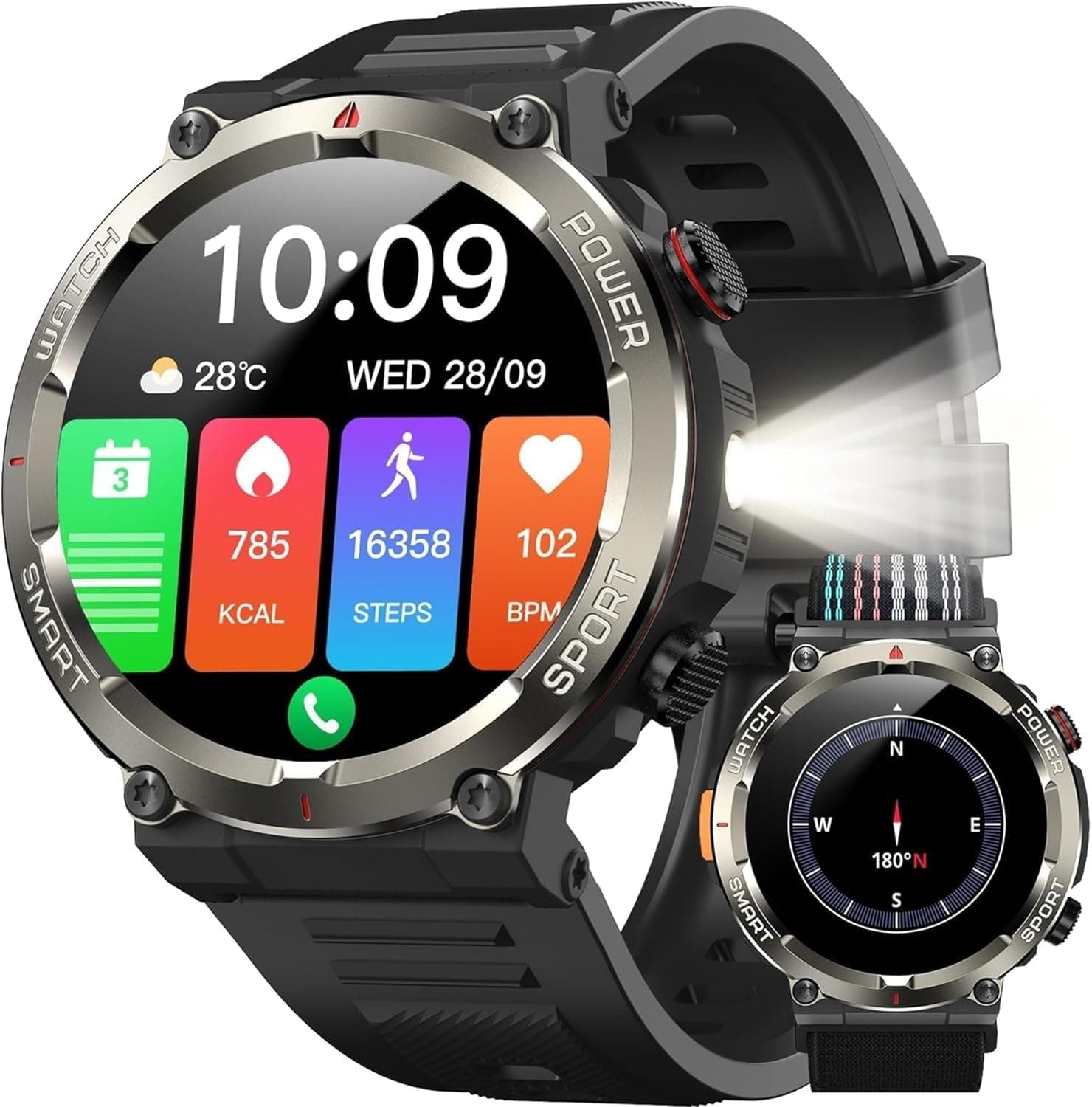 IOWODO Smartwatch Uomo, 1.45" Militari Orologio Intelligente con Torcia Bussola, Batteria 960mAh, IP68 Impermeabile, Orologio Fitness con Chiamate Bluetooth, Cardiofrequenzimetro Sonno, Android iOS
