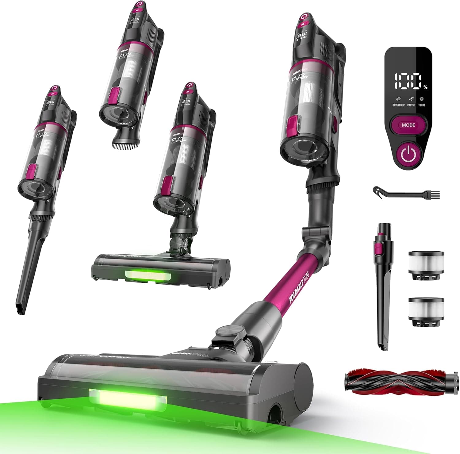 FAMIVAC FV3 Aspirapolvere senza Fili 60KPa/50Min/120㎡, Tubo Pieghevole, Autoportante con Spazzola Antigroviglio, Luce Verde, Scopa Elettrica Potente per Pavimento Duro/Moquette/Peli Animali/Auto